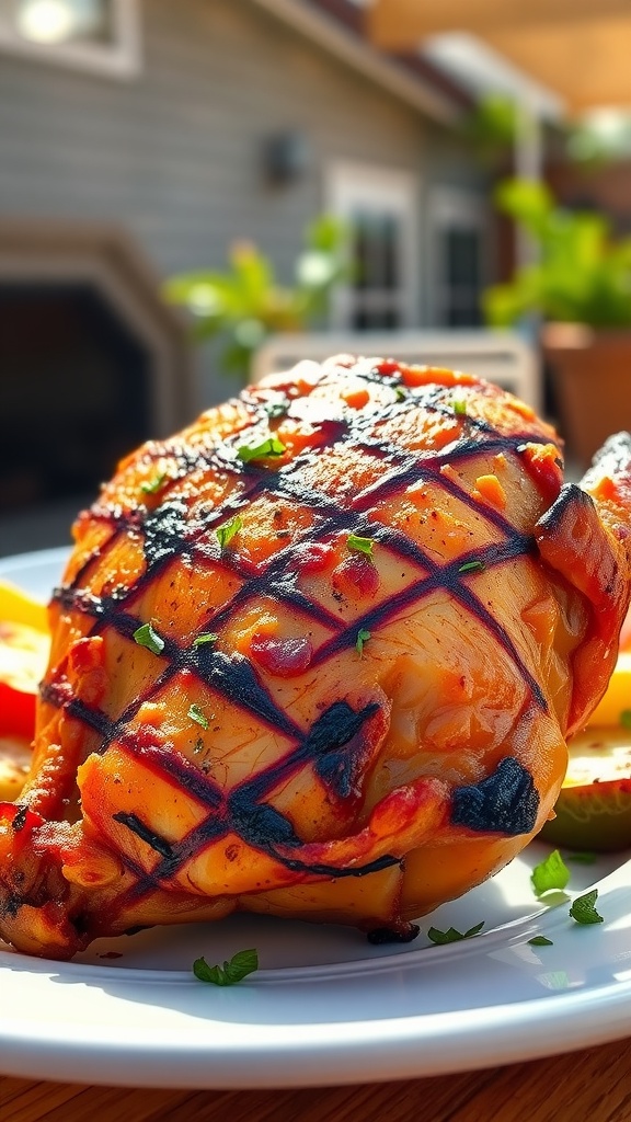 Perfectly Grilled Chicken Thighs Recipe Grilled chicken thigh with crispy skin, garnished with herbs, served with grilled vegetables in a sunny outdoor setting.